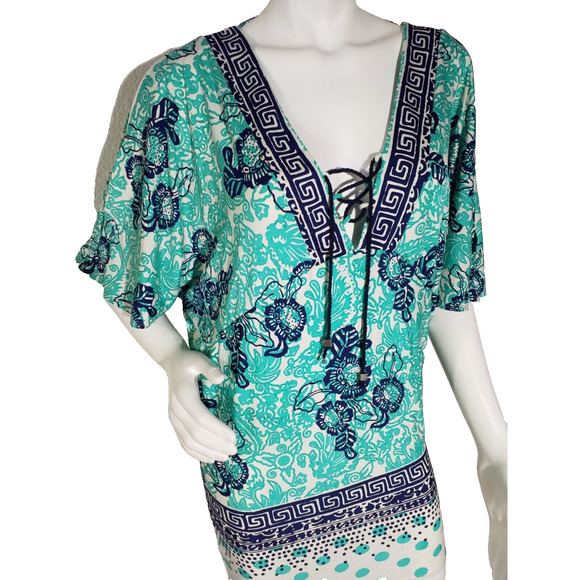 Nanette Lepore Swim Cover-Up Tunic XS Green Batiki Pullover Beach Resort Wear - Picture 3 of 8